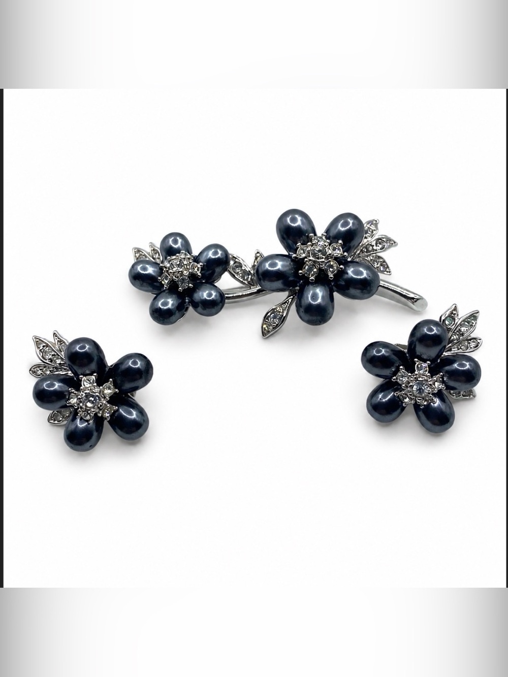 Nolan Miller Grey "Pearls in Bloom" Faux Pearl Crystals Floral Brooch & Earrings
